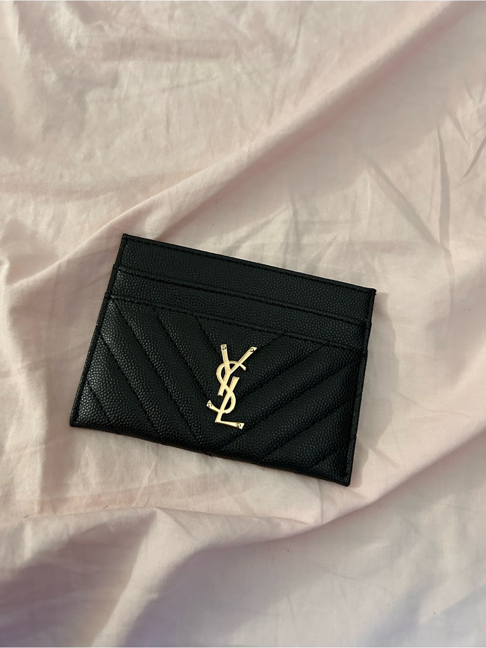 Black Quilted Leather Card Case with Gold Emblem